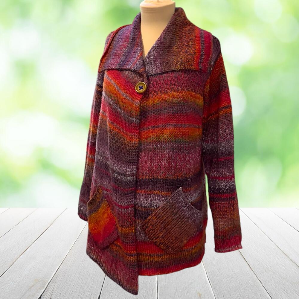 J JILL Cardigan Sweater One Button Wool Blend Stripe Patch Pockets Oversized S